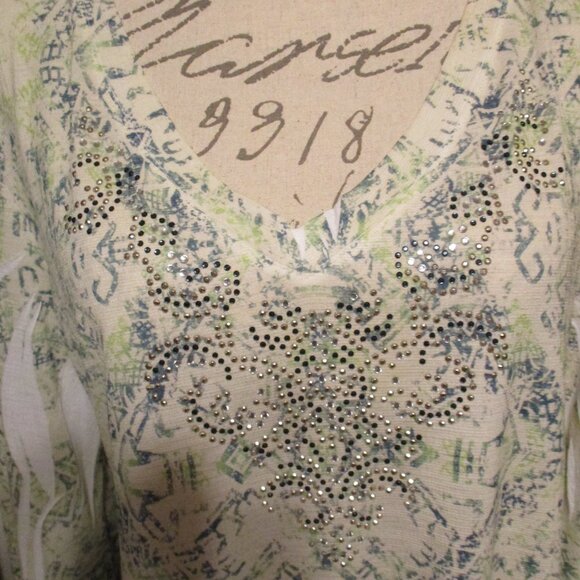 Reba Embellished/Sequined Multi-Colored Print Blouse w/Trumpet Sleeves Sz. L - Picture 2 of 7
